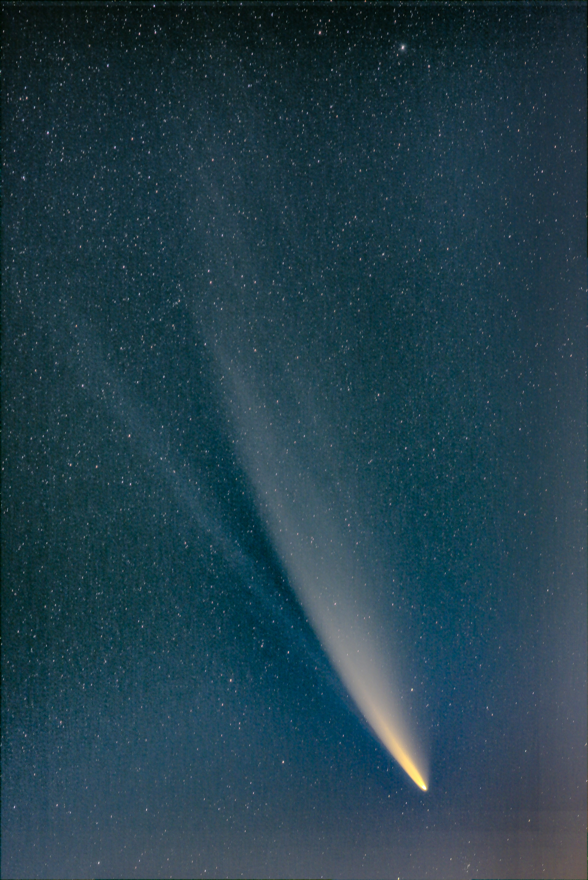 The comet Neowise moves across the dusty blue black sky.